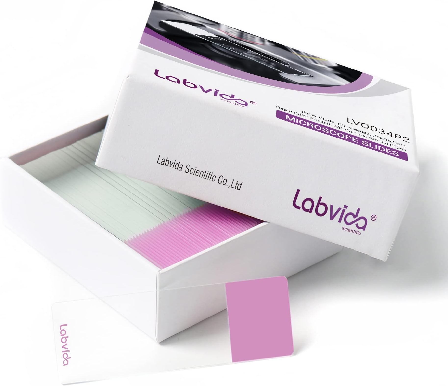 144pcs of Pre-Cleaned Purple Color Frosted Microscope Slide, Dim.75mmx25mm, Super Grade Glass, Ground Edges, 45° Safety Corners, LVQ034P2