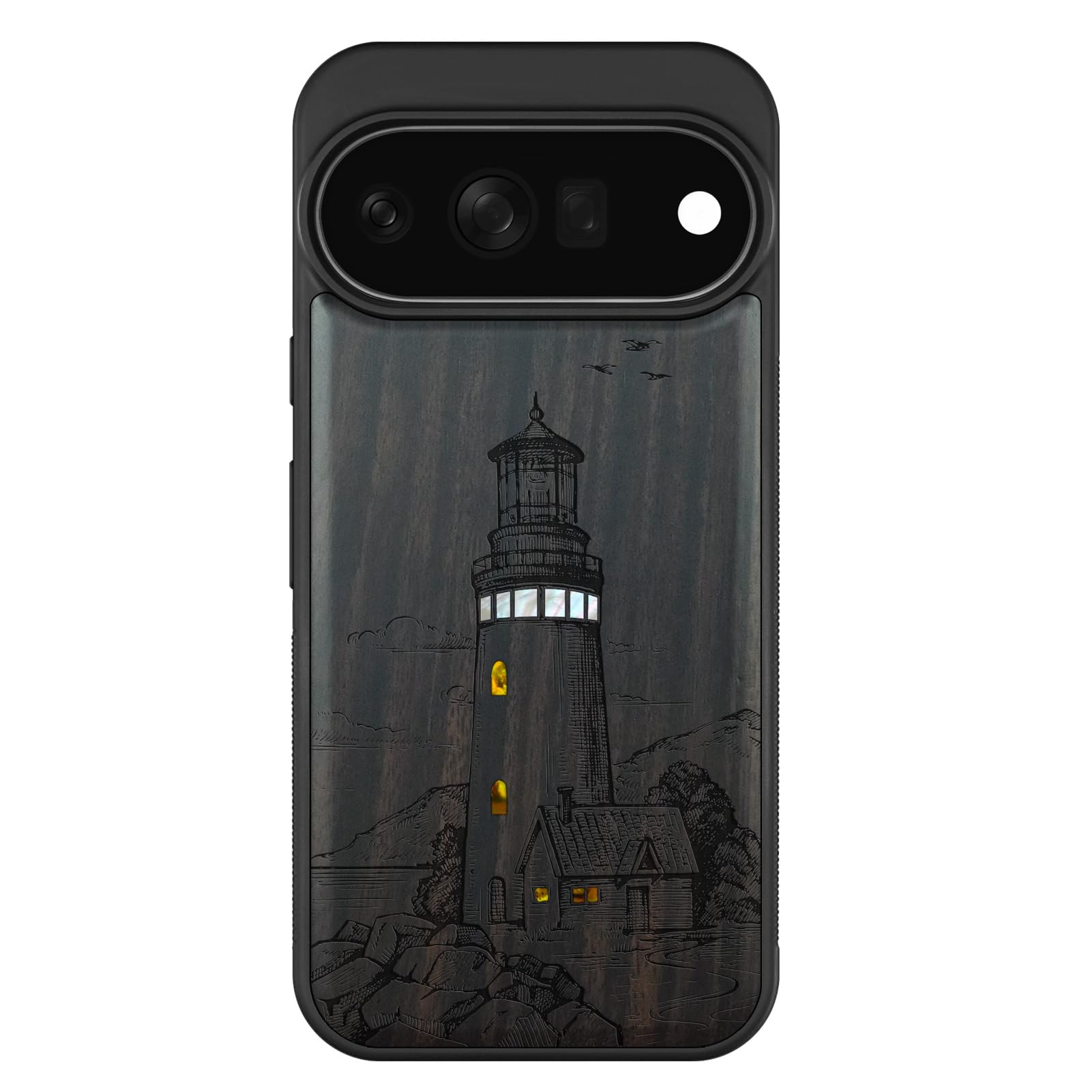 Carveit Madera Funda para Pixel 11 Pro (Oscura-El Faro) | Compatible con MagSafe [Grabado en madera e incrustación de mejillones] Magnética Cover para Google Pixel 11 Pro Carcasa