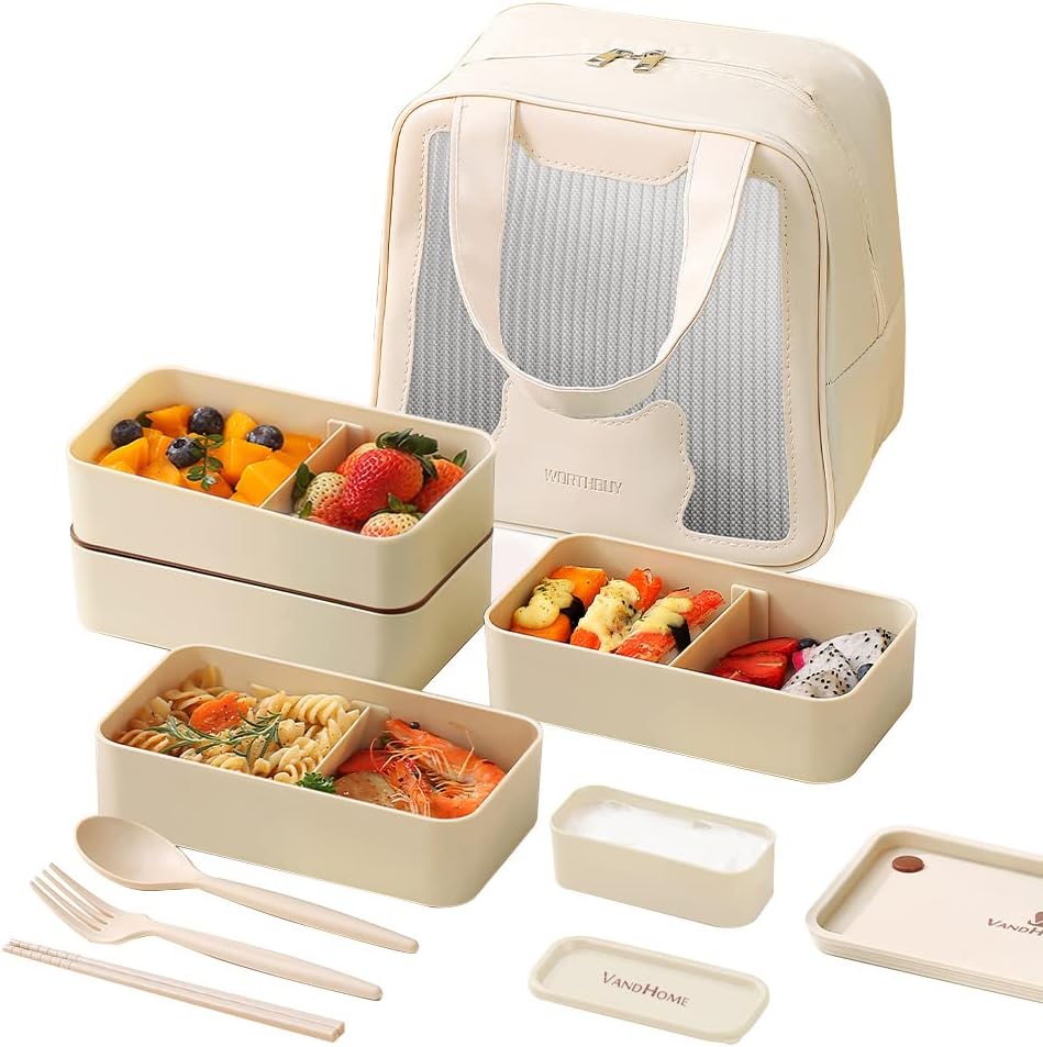 ArderLive Japanese Lunch Box with Chopsticks, Microwave Safe Bento Lunch Box with Bag and Utensils, Leakproof Stackable Portion Control BPA-Free Lunch Containers for Adults,beige