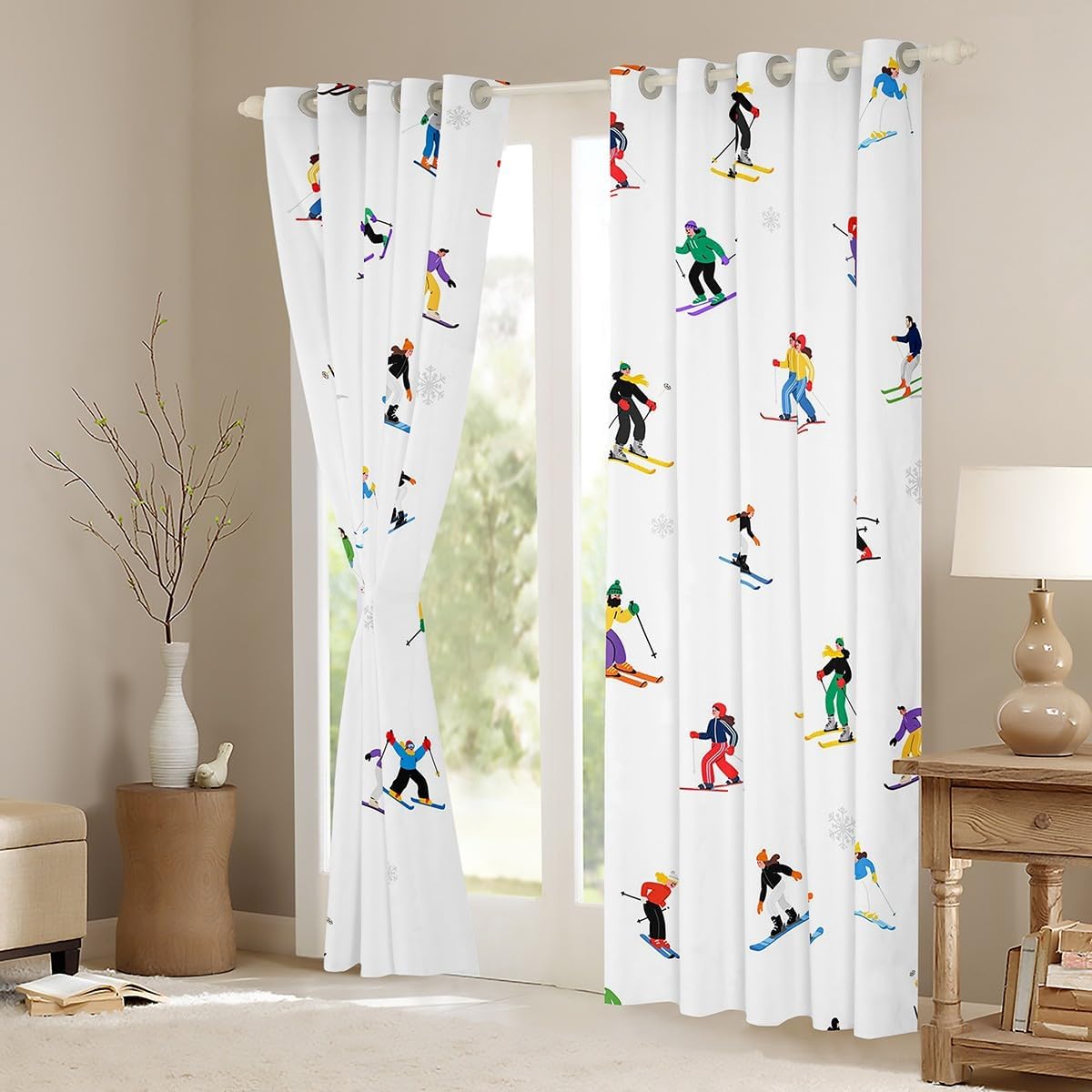 Winter Ski Sports Window Curtain,Cartoon Skiing Skier Curtains,Snow Extreme Sports Window Treatment Curtain for Kids Boys Girls Teens Living Room,Colorful White Window Drapes,2 Panels,52Wx63L
