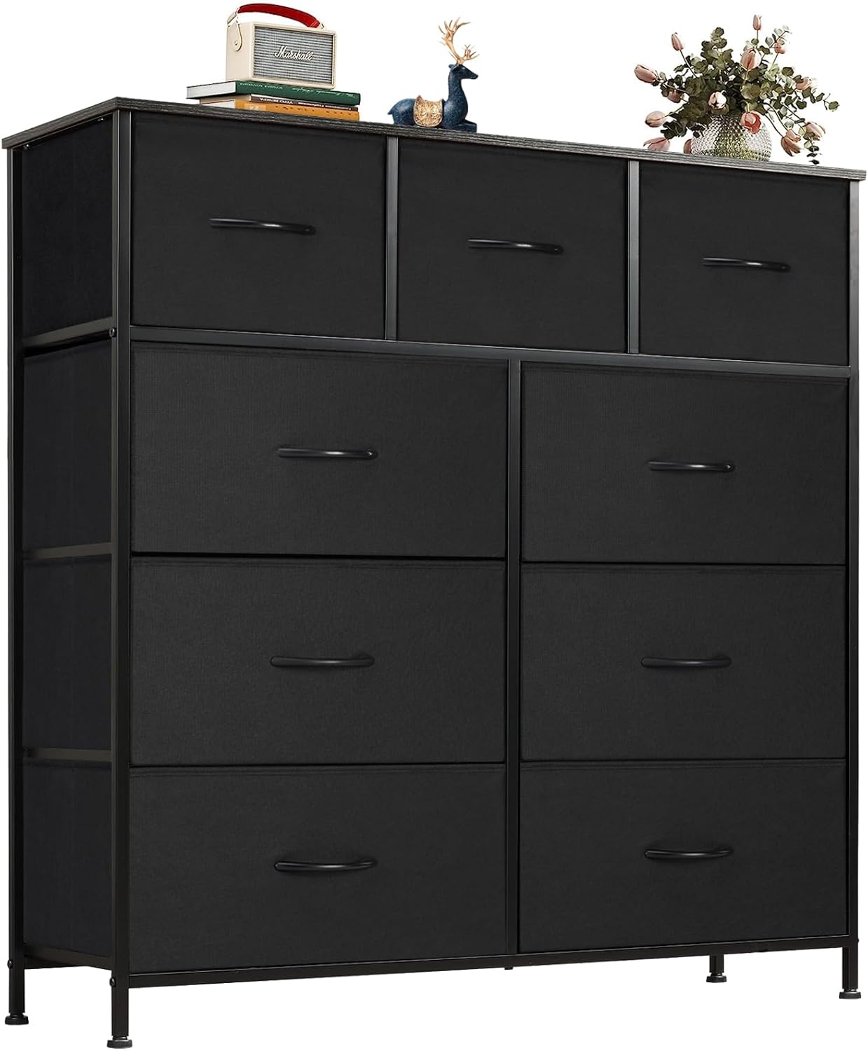 OLIXIS 9-drawer dresser with wooden top, black