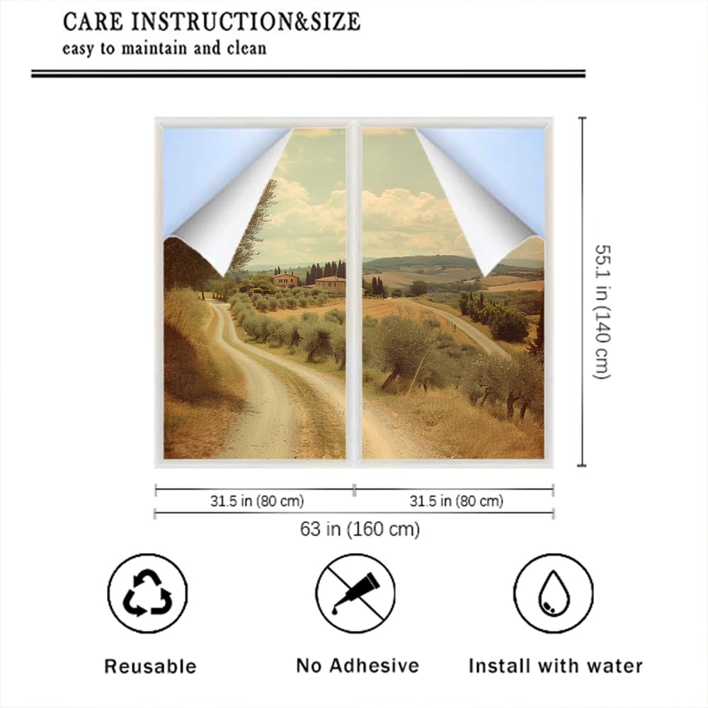 Retro Rustikale Pfad Fenster Sichtschutzfolie Abstrakte Dorf Landschaft Landschaft Milchglas Fensterfolie Dekorative Statische Haftung für Glas für Zuhause 80 x 140 cm x 2 Stück