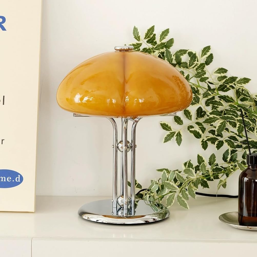AoLa Pilz Tischlampe mit Kabel, Dimmbar LED Pilz Lampe mit Schalter und USB Stecker Tischleuchte Modern Mushroom Lamp mit Orange Glas Lampenschirm Nachttischlampe für Schlafzimmer Wohnzimmer Deko