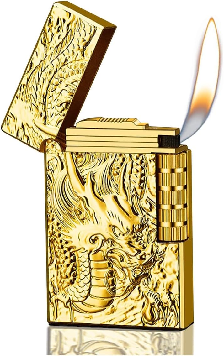 Lighters, Dragon Side Wheel Frosted Refilled Butane Soft Fire Flip Gold Outdoor, Camping, Men'S Gifts Candle Lighter