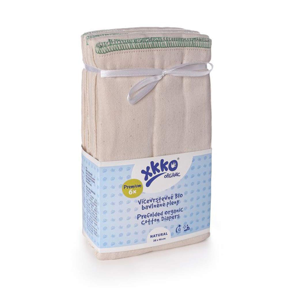 XKKO Prefolds – 100% cotone biologico – (6 pezzi) – bambini grandi / Premium / Large (orlo verde) – 38 x 46 cm (7 – 14 kg)