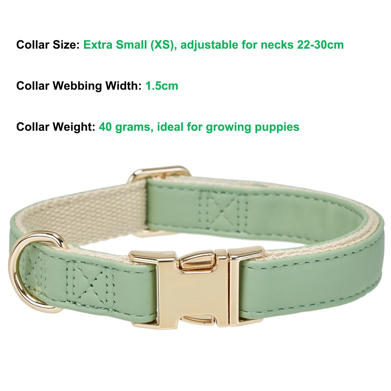 YUDOTE Soft Leather Dog Collars with Safety Quick Release Metal Buckle,Natural Cotton Padded Pleather Collar for Puppies with Senstive Skin,Sage Green - Image 3