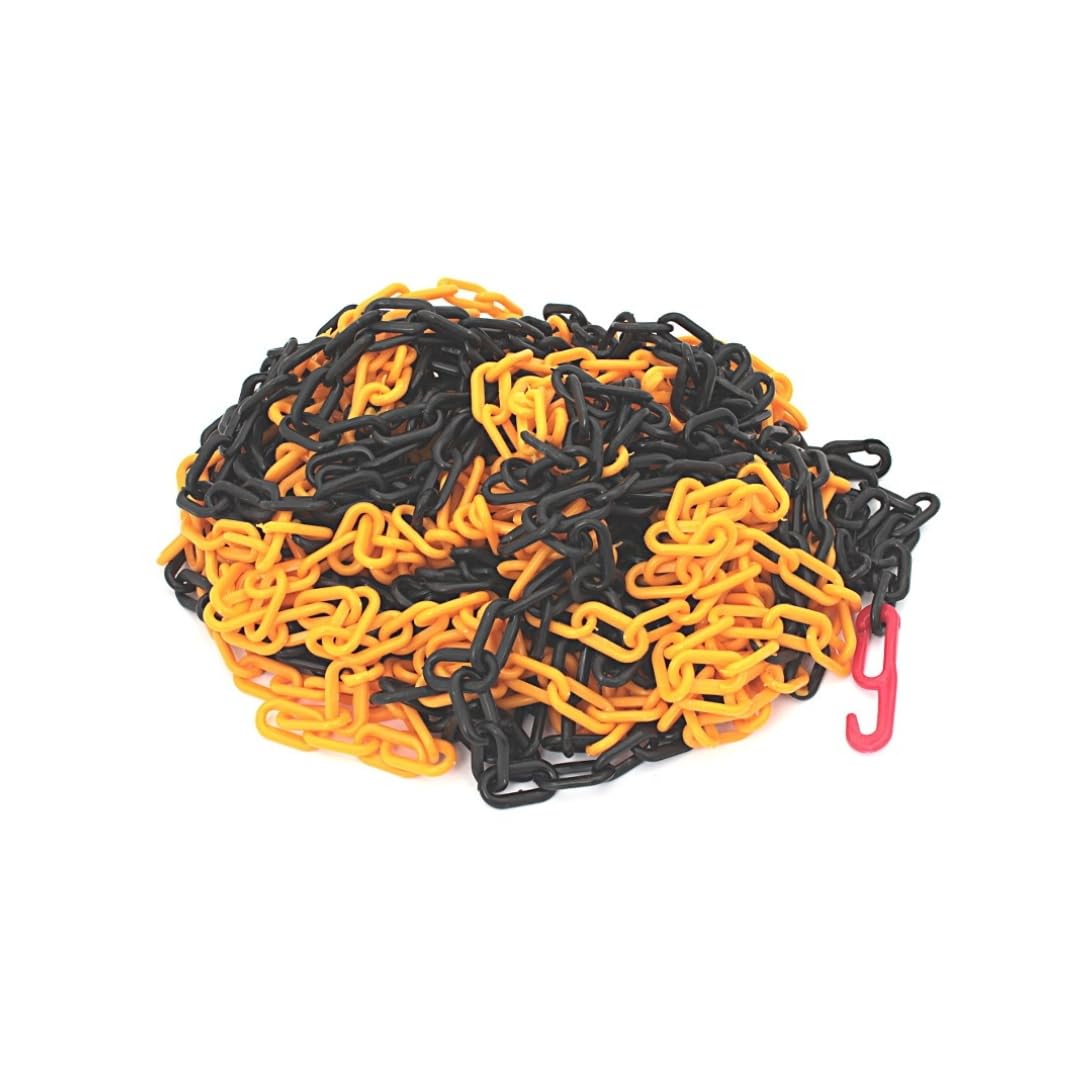 BSD Noir/Jaune Chaîne de Barrière en Plastique avec Crochets - 6mm x 25m - Chaîne en Plastique, Chaîne de Sécurité