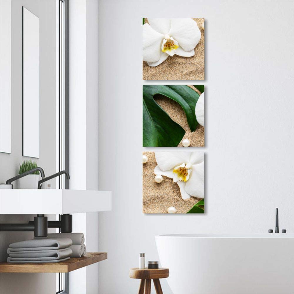 Quadri L&C ITALIA Tris Orchidea Bianca - Quadri per Bagno Moderno Zen con Fiori Bianchi Sabbia e Foglie - Quadetti da Parete 25 x 25 Stampa su Tela Canvas