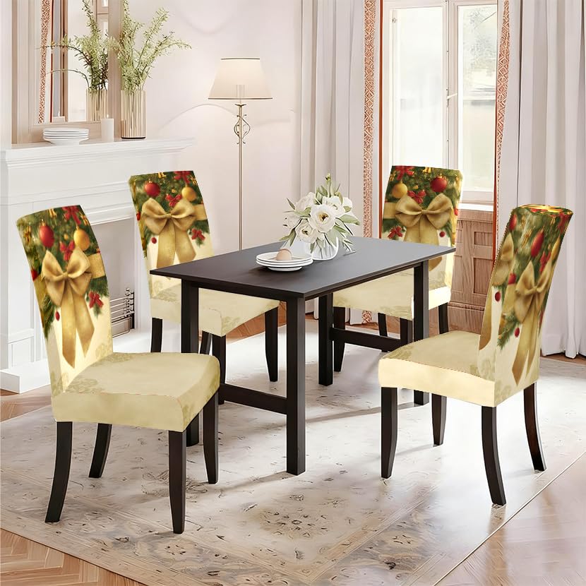 Image of Christmas Dining Chair Covers Set of 4, Gold Bow Slipcovers