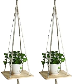 Simple Nordic Hemp Rope Macrame Plant Hanger with Wooden Shelf Wall Hanging Planter Basket Flower Pot Plant Holder Wall Art Vintage-Inspired Home Decor 41 inch