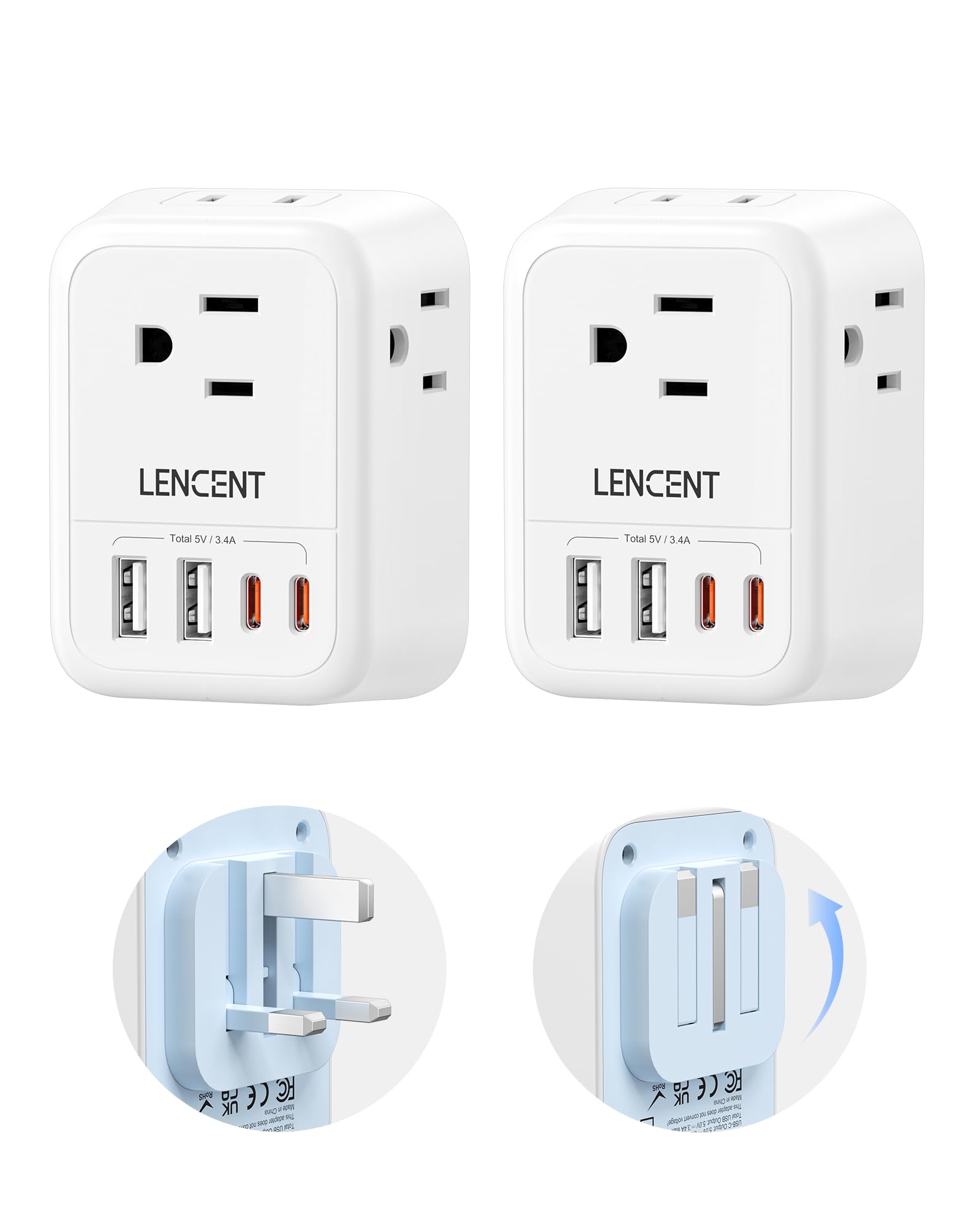 LENCEN 2 Pack Foldable US to UK Plug Adapter, Type G Travel Outlet Adapter with 4 USB Charger(2 USB C), Power Adaptor for USA to Ireland Scotland Dubai Hong Kong England British Kenya London