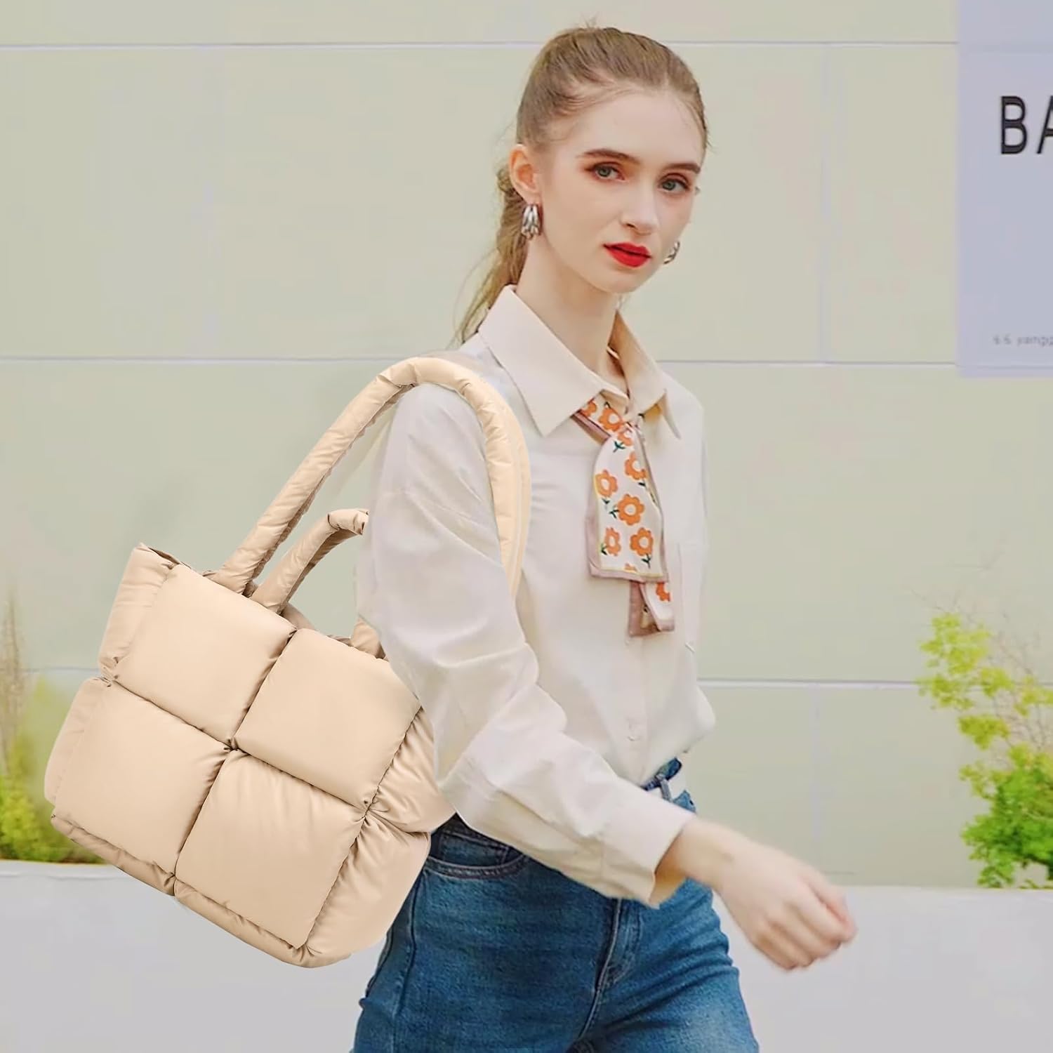 Puffer Tote Bag, Quilted Puffy Purse, Cute Padded Winter Shoulder Bags, Lightweight Down Handbag for Women Work Travel