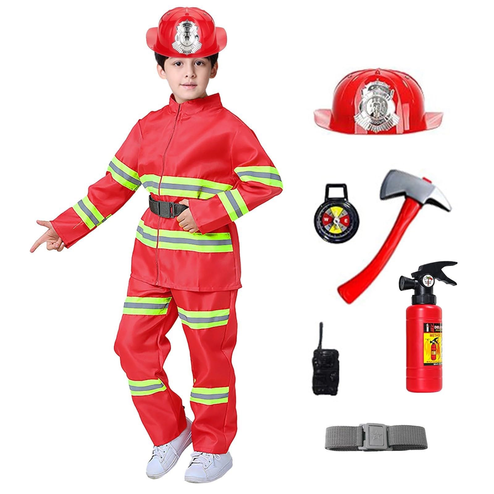 Kids Fireman Costume Kids Firefighter Costume And Accessories, Children Role Play Halloween Costumes Dress Up Pretend Play Toys For Boysr Boys And Girls (Red-b, 7-8 Years) (1-Red, 15-16 Years)