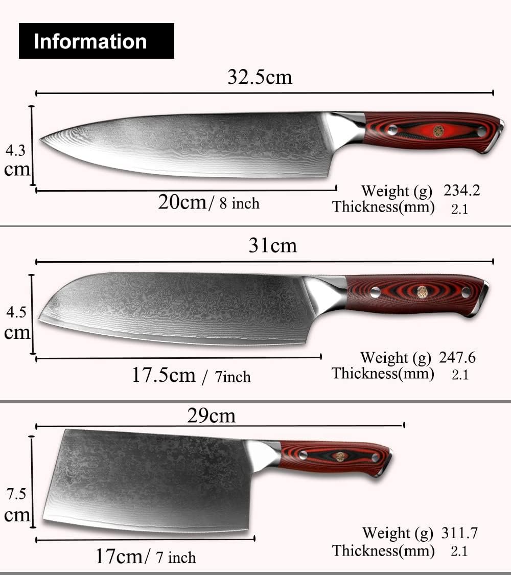 Damascus Knife Set, 3PCS Damascus Chef Knife Professional Japanese Santoku Utility Cleaver Sliced Vegetables Home Restaurant Kitchen Cooking Tools, LAMAJIGA6695