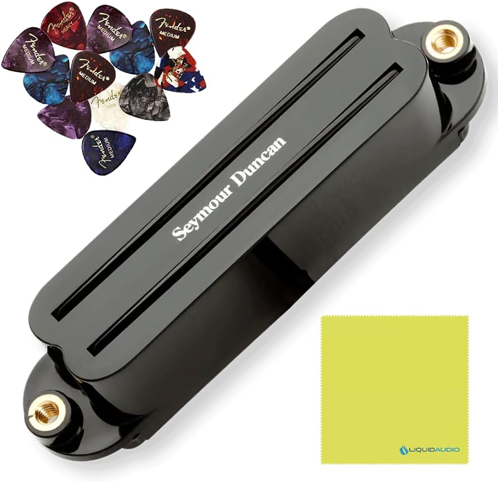 Seymour Duncan 11205-01-B Hot Rails® High Output Single Coil Sized Humbuckers Strat Black Pickup Bundle w/ 12x Fender Guitar Picks, and Liquid Audio Polishing Cloth
