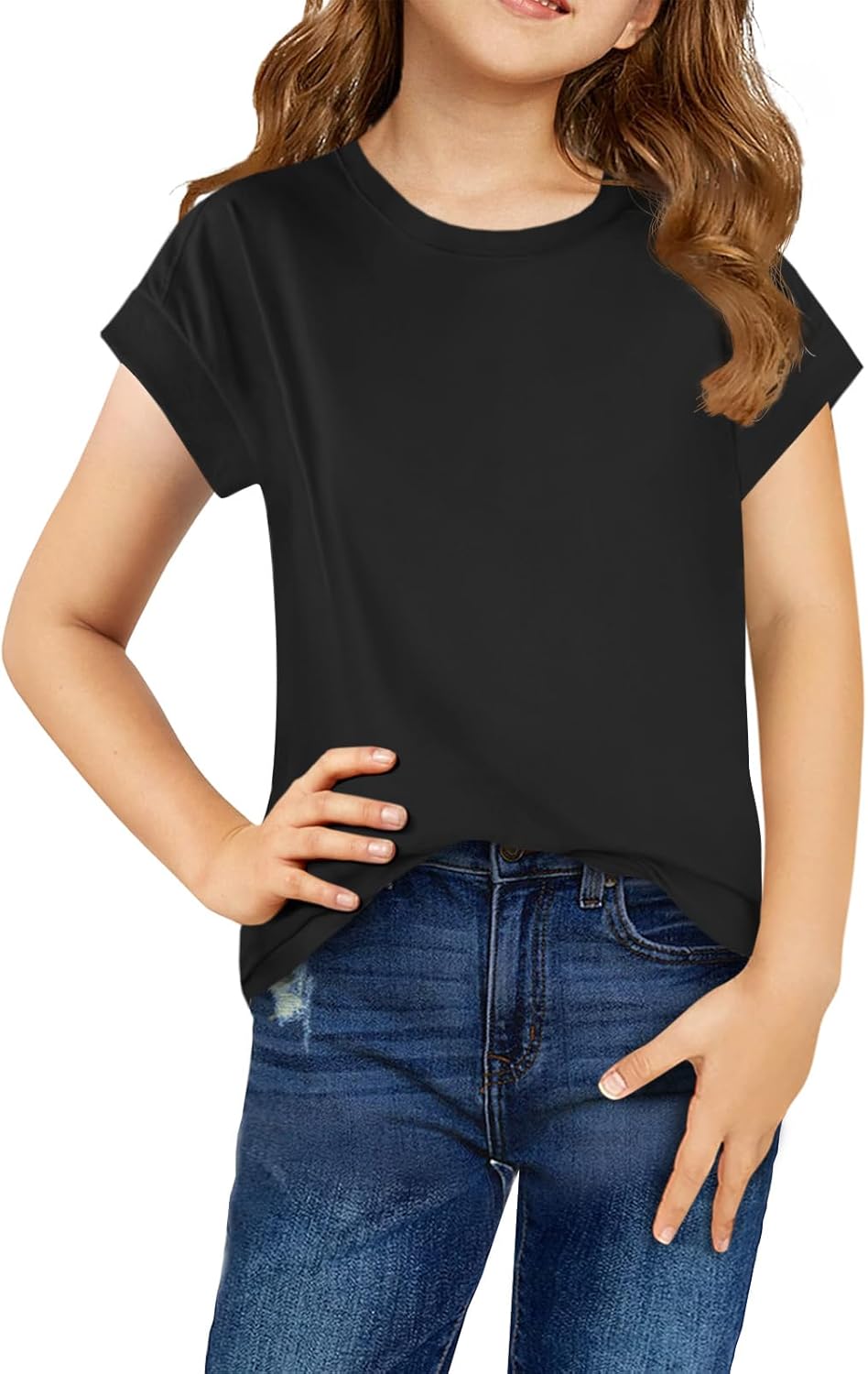 Haloumoning Girls Summer Cap Sleeve Shirts Kids Casual Cute Crewneck Tunic Tops Tees 5-14 Years