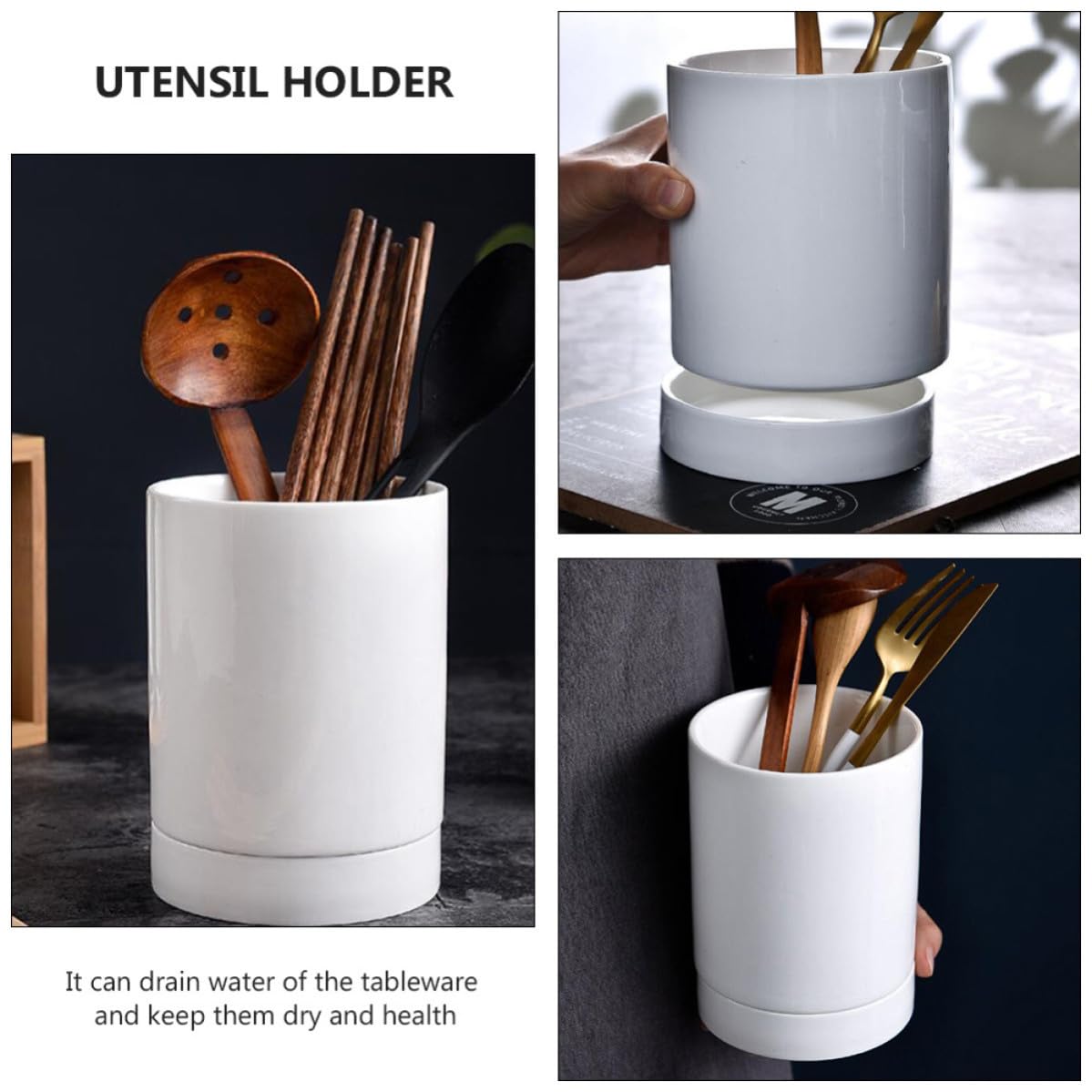 HANABASS Porte-ustensiles en Céramique Blanc Multifonction Résistant aux Rayures Cuisine, Organisateur de Comptoir Égouttoir, Support Pratique pour Baguettes