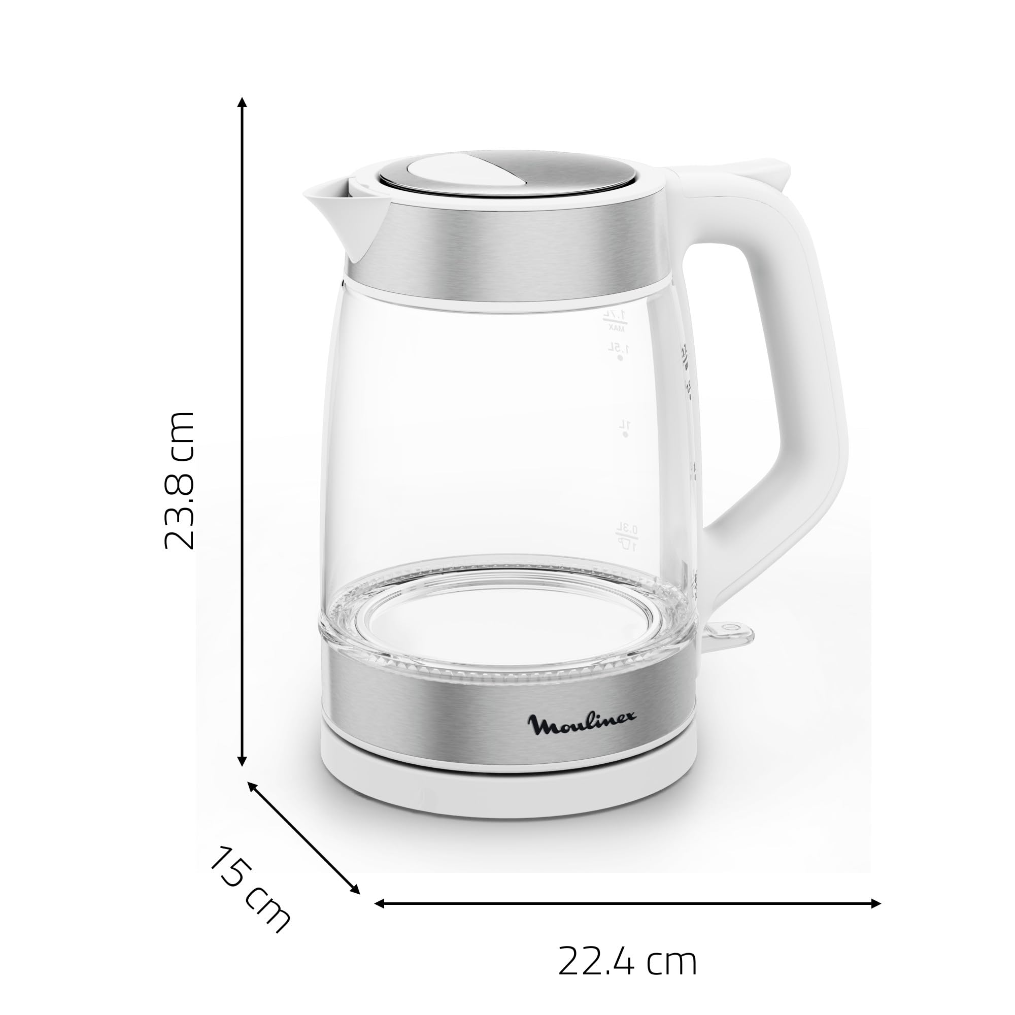 Moulinex Bollitore Elettrico in Vetro, Graduato, Ampia Capacità 1,7 L, Facile da Pulire, Beccuccio di Precisione, Filtro Anticalcare Rimovibile, Bianco, BY6R5130