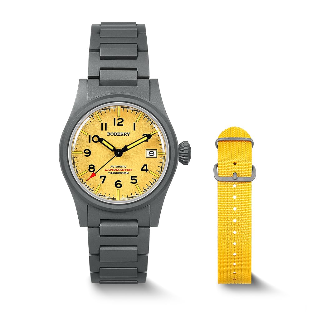 BODERRY Men's Watch Titanium Automatic Field Watch 38mm Military Watch Day Date Function 100M Waterproof with Nylon Strap Japanese NH35 Mechanical Movement & Screw Down Crown—LANDMASTER