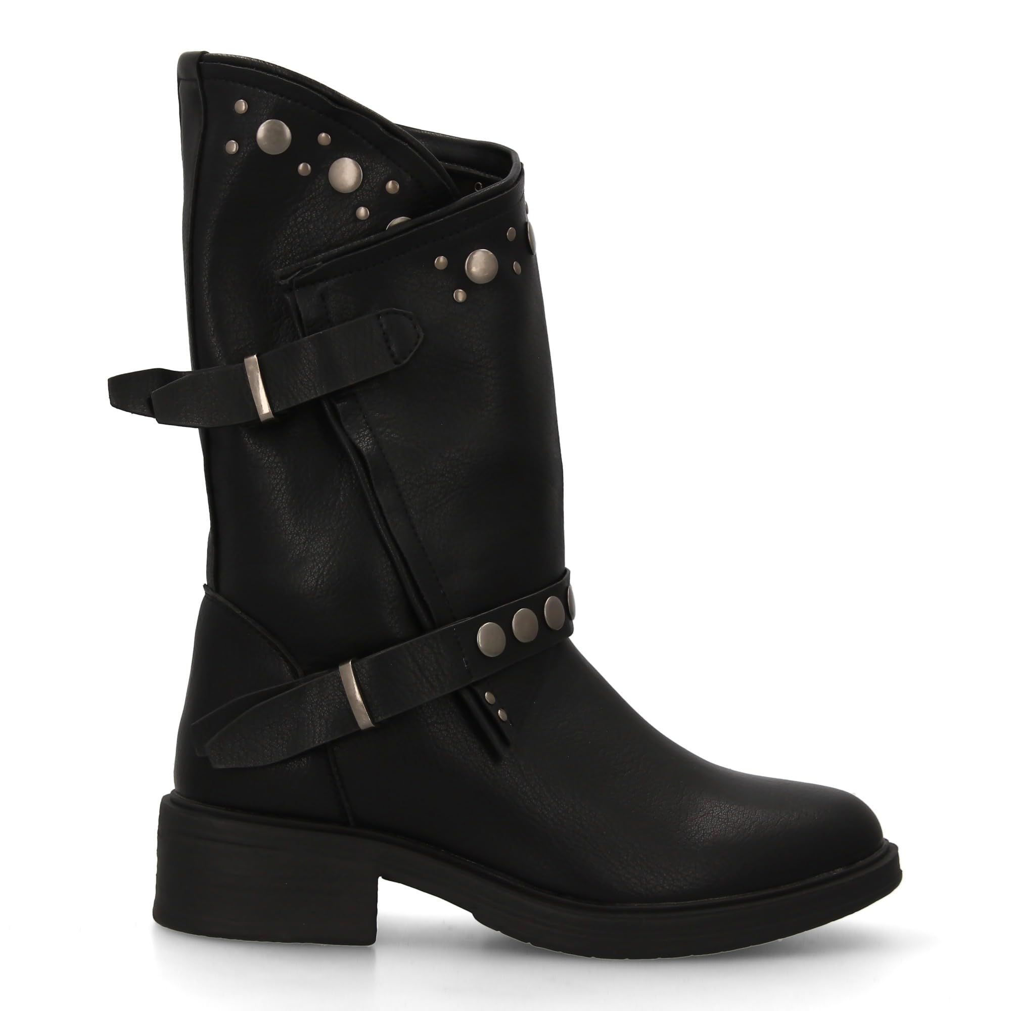 Botas de Mujer Estilo Urbano con Detalles metalicos y Tachuelas. Estampado Liso. Diseno Otono e Invierno, Cierre de Cremallera y Doble Hebilla Decorativa.