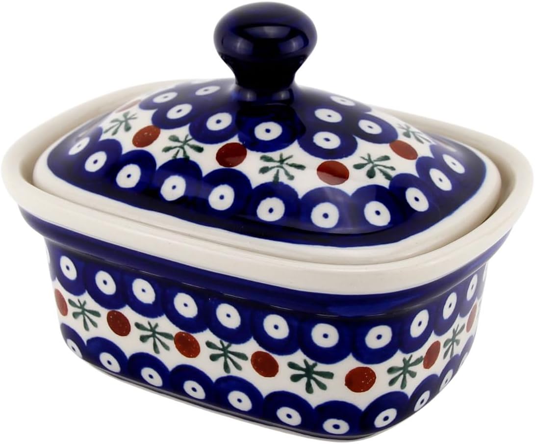 Polish Pottery Market Butter Dish with Lid, 5.75" L x 4" W x 4" H, Capacity: 14 Oz., Butter Container Keeper Storage, Handmade by Zaklady Boleslawiec Poland, Ceramic Butter Dish with Knob Handle