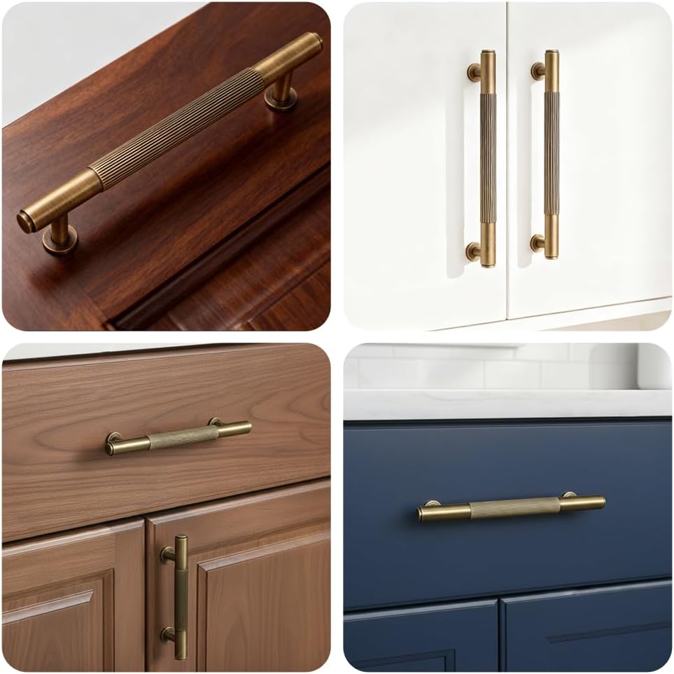 Antique Brass Drawer Handles, Solid Brass Cabinet Pulls, Knurled Cabinet Pull for Bathroom, Bedroom, Kitchen (2, 132mm/5.2in)
