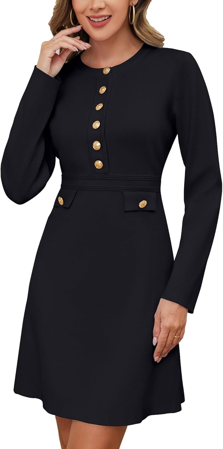 Aokivvy Women's Long Sleeve Sweater Dress Crewneck Button Elegant Bodycon Formal Party Mini Dress