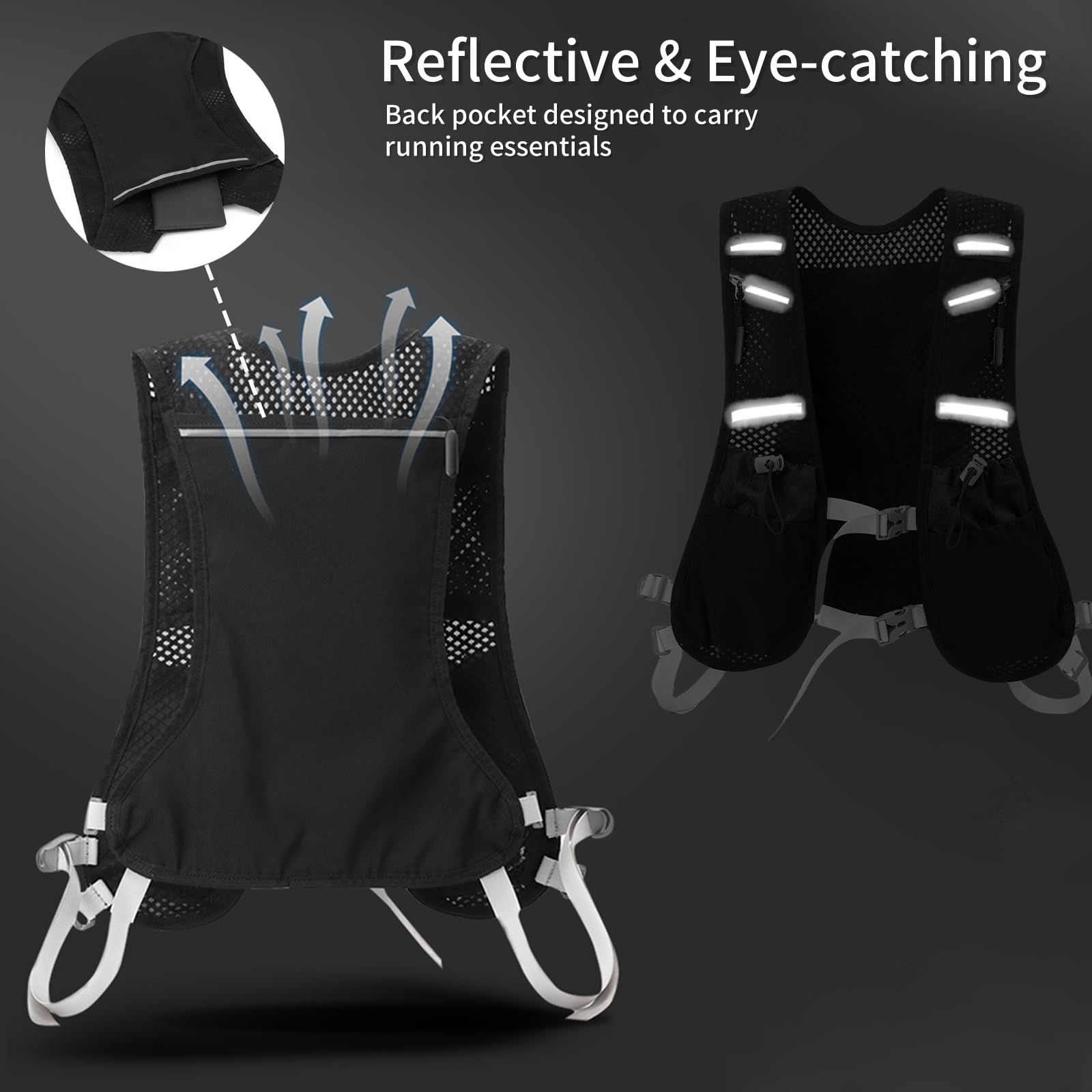 Gilet de course pour homme et femme - Ultra léger - Réfléchissant - Avec bouteille d'eau de 500 ml - Sangles de poitrine réglables - Pour la course, le cyclisme, les trails, les marathons