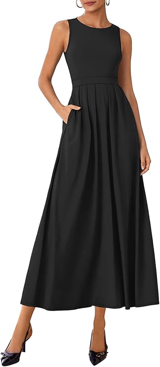 Lazysmile Summer Sleeveless Maxi Dresses for Women Mock Neck Pleated A Line Formal Cocktail Wedding Guest Dress