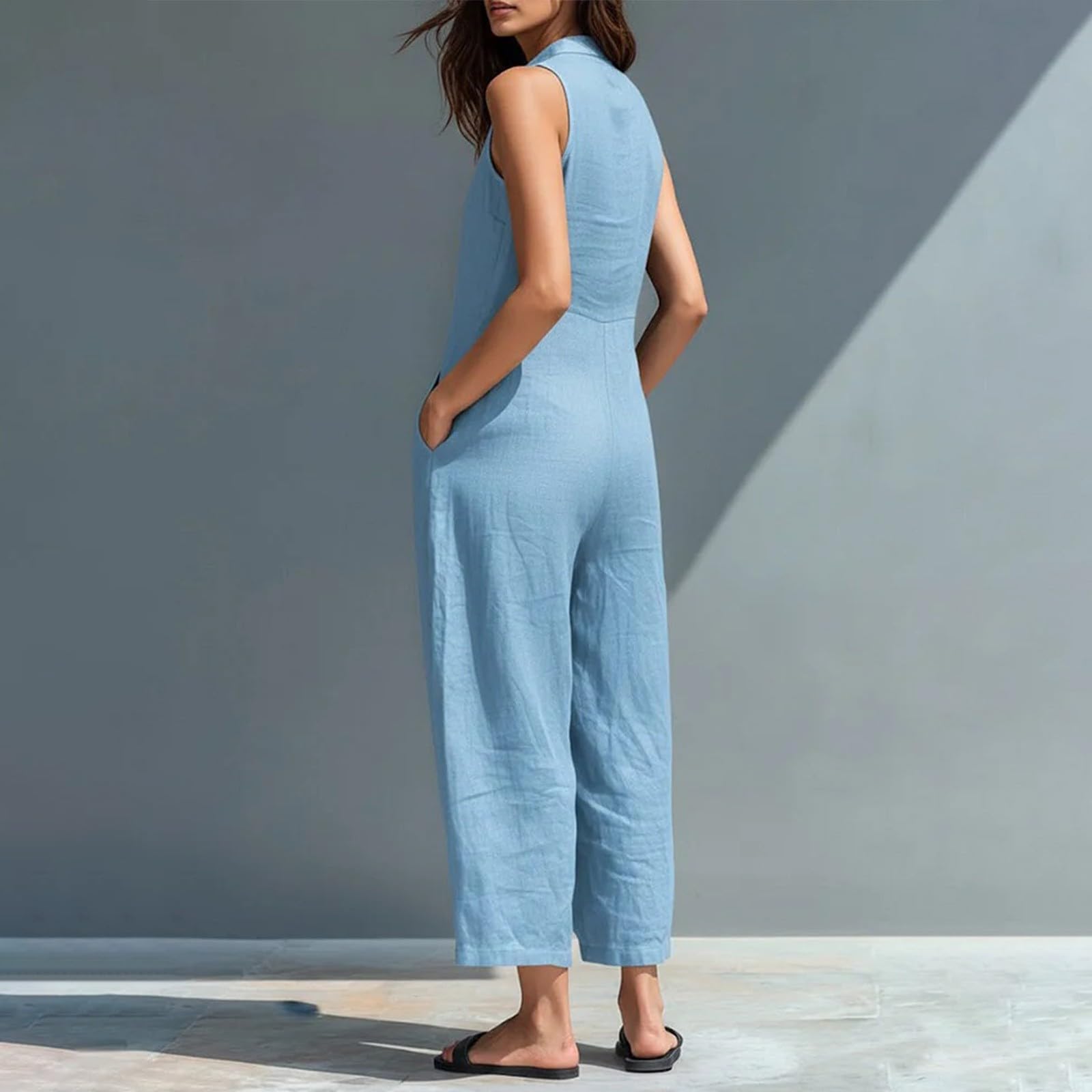 Generisch Tuta da donna con pantaloni, per il tempo libero, senza maniche, con colletto alto, gamba larga, abbottonatura, tinta unita, casual, estiva, leggera e confortevole, per spiaggia e vacanze