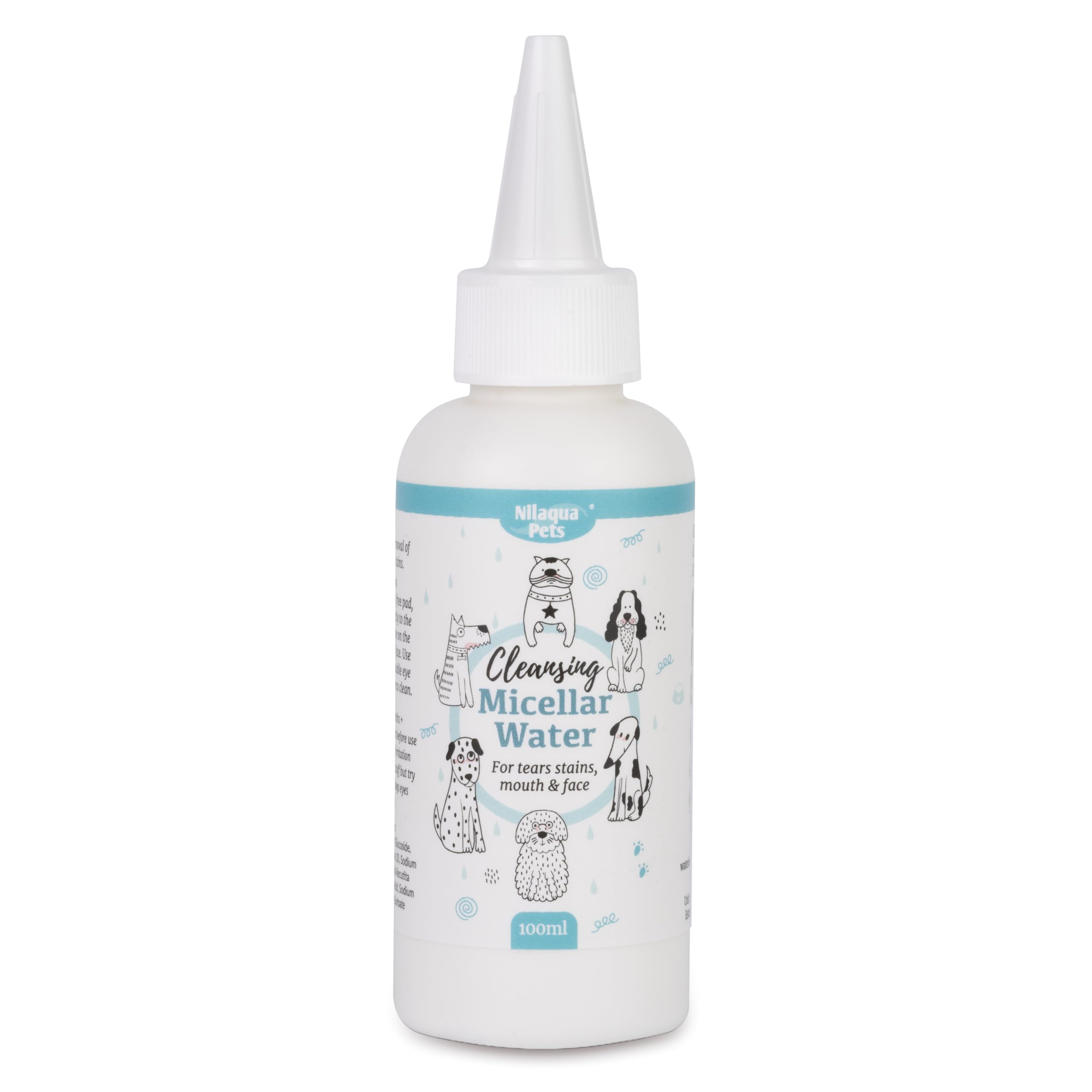 Nilaqua Pets Cleansing Micellar Water for Flat Faced Dogs & Skin Folds Gentle Tear Stain, Face & Wrinkle Cleaner for Bulldogs, Pugs, French Bulldogs & Shih Tzu No Rinse Cleansing Solution 100ml