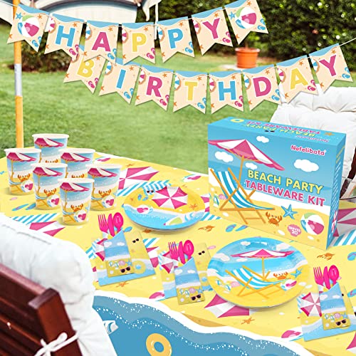 Beach Party Tableware Supplies Set(Serves 20) Pool Party Plates Disposable, Happy Birthday Banner Paper Plates Cups Napkins Plastic Table Cutlery Summer Party Ideas Favors Waves Sunshine Seaside #TOP2