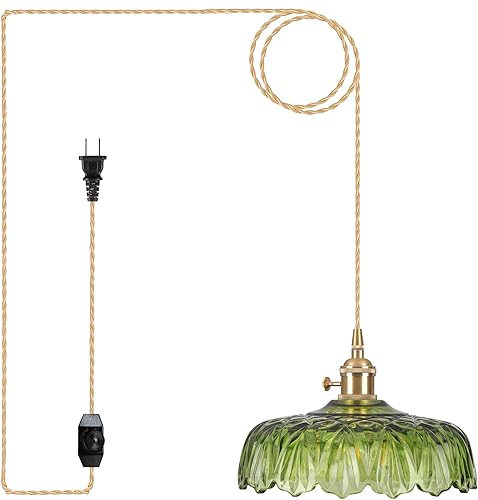 Miniatura 14 de Luces Colgantes para Isla de Cocina, Luz Colgante de Cristal Verde Accesorios de Iluminación Vintage, 9.4 pulgadas E26 Acabado Lámpara Colgante de