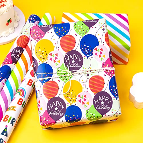 Wrapaholic Birthday Wrapping Paper Roll - Mini Roll - 3 Rolls - 17 Inch X 120 Inch Per Roll - Colorful Balloons, Stripes, Happy Birthday For Party, Celebration, Baby Shower #TOP5