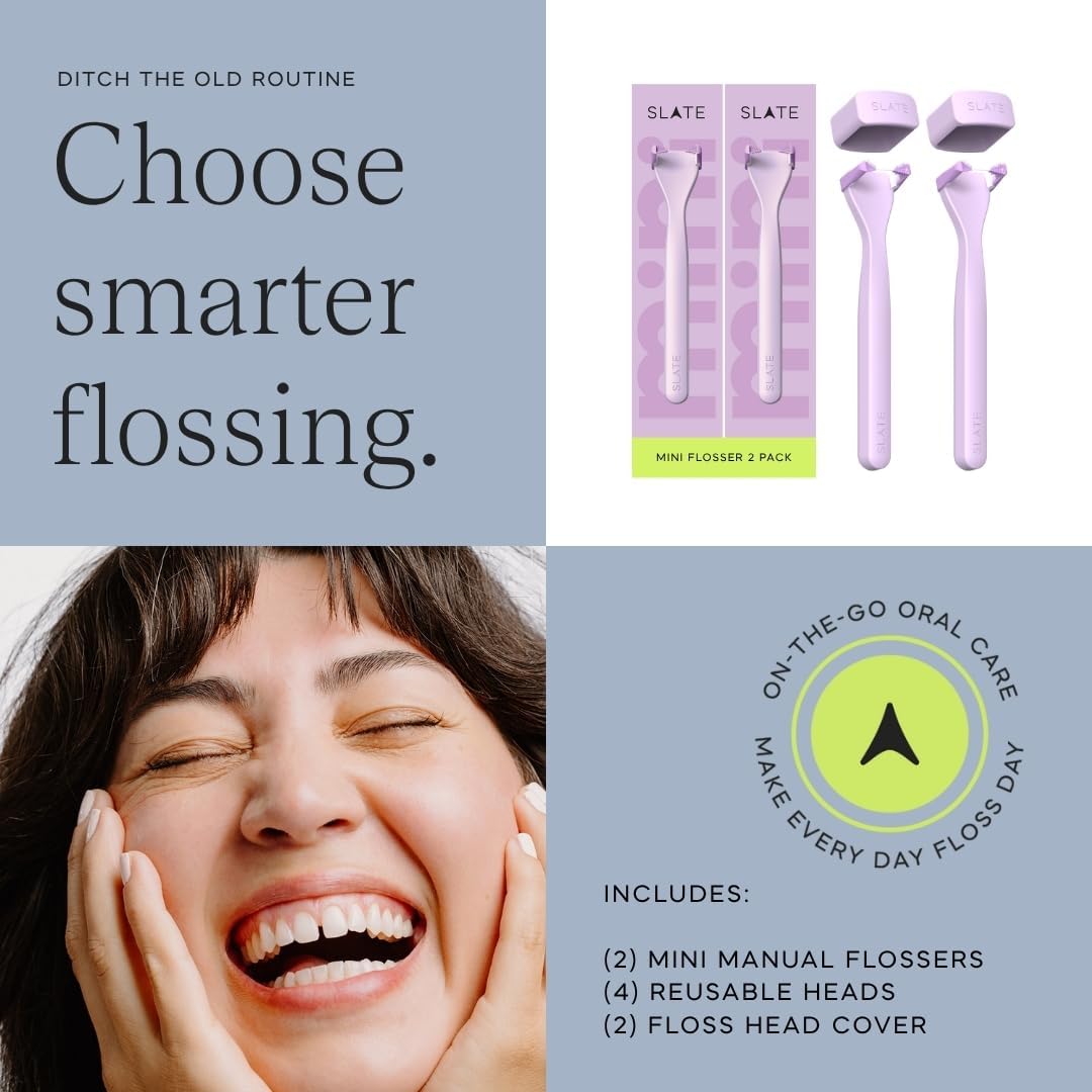 Slate Flosser Mini - Reusable Floss Pick with Gum Brush & Tongue Scraper, Dentist-Invented, PFAS/PTFE-Free, Travel-Ready | Lilac Mini Flosser 2-Pack