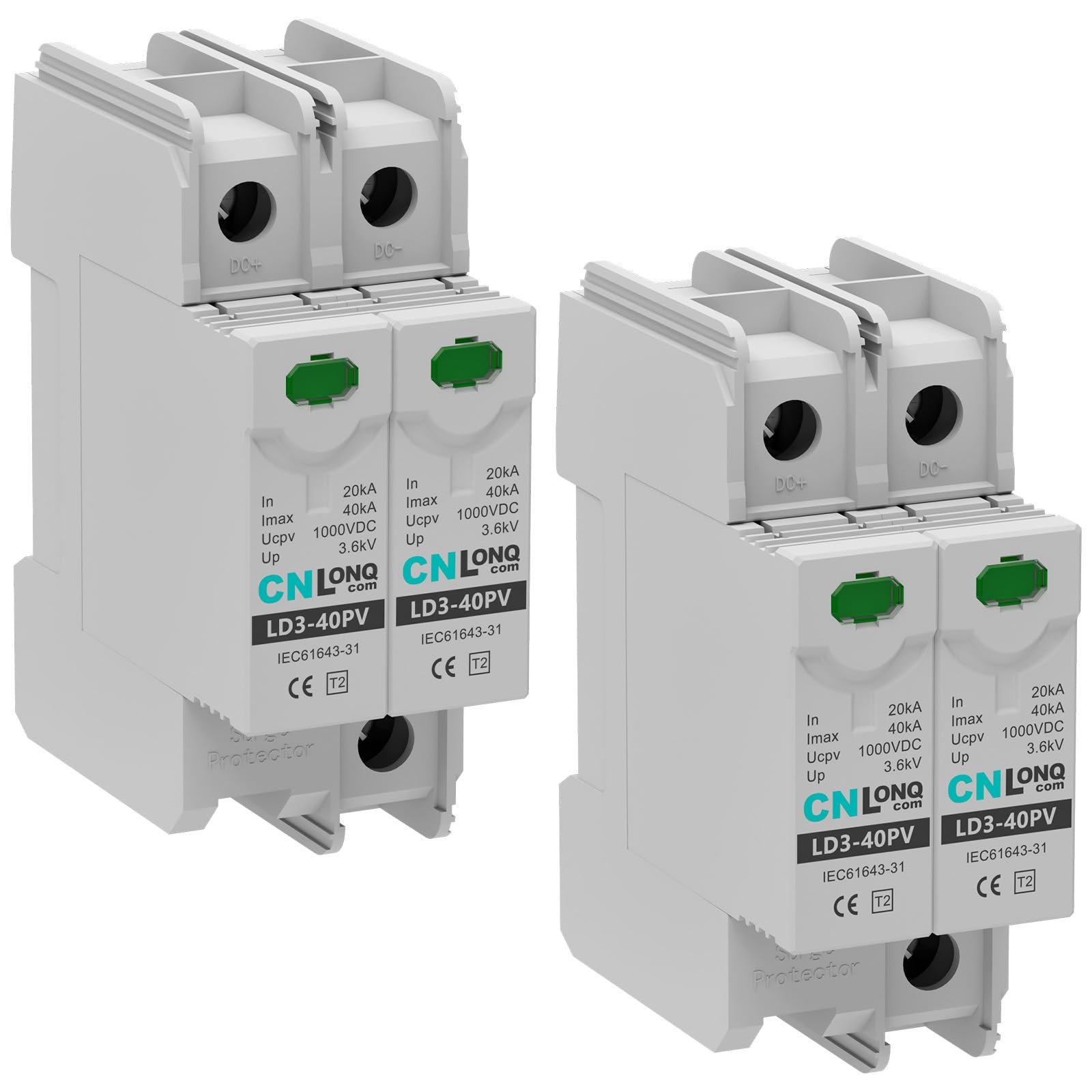 CNLONQ 2 Stück DC Überspannungsschutz PV Anlage DC1000V 2P 20kA/40kA 2P T2 Überspannungsableiter Blitzschutz Für Solar-Photovoltaik 35mm DIN-Schienenmontage