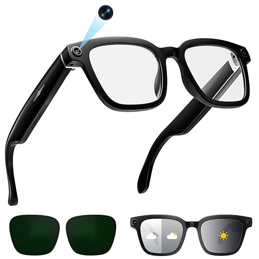 AI Smart Glasses with Camera, 1080P Video Recording Glasses, 8MP Camera Glasses, Real Time Translation, ChatGPT AI Voice Assistant, Open-Ear Audio,Sunglasses with Color-Changing Clear and Green Lenses