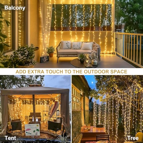 Image of JMEXSUSS 300 LED Remote Control Curtain Lights, Plug in Fairy Curtain Lights Outdoor, Window Wall Hanging String Lights for Bedroom Indoor Dorm Backdrop Wedding Party Patio Christmas Decor, Warm White