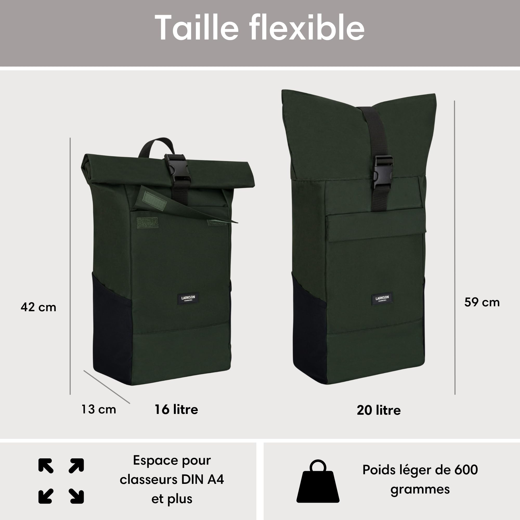 Larkson Sac à Dos Roll Top Femmes & Hommes - No 4 - Backpack pour l'École, l'Université - Compartiment Ordinateur Portable 16 Pouces - Hydrofuge