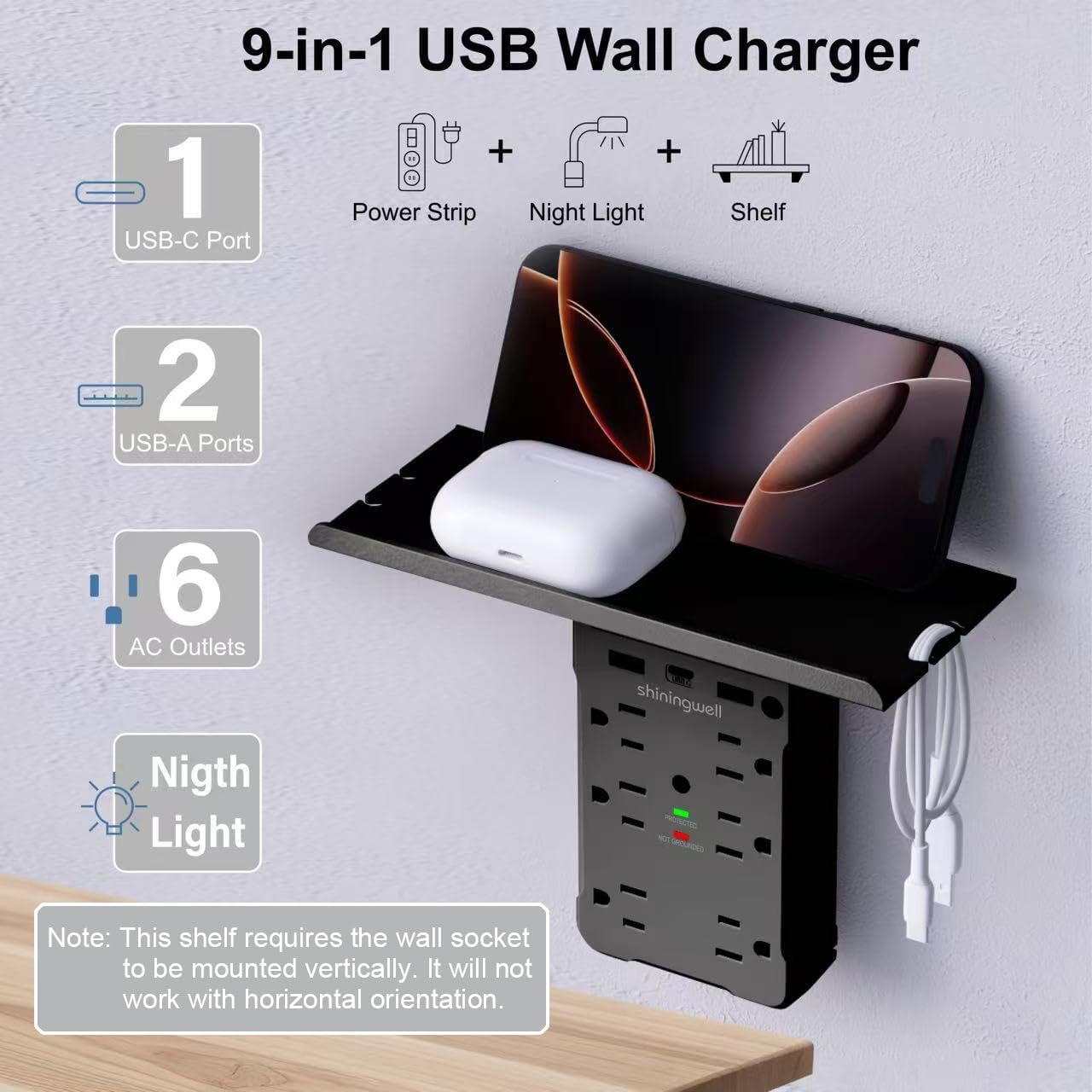 Wall Outlet Extender with Shelf and Night Light, Surge Protector with 3 USB Ports (2A+1C) and 6 AC Outlets, Multi Plug Power Strip Electric Outlet Splitter for Home and Office Use, Black