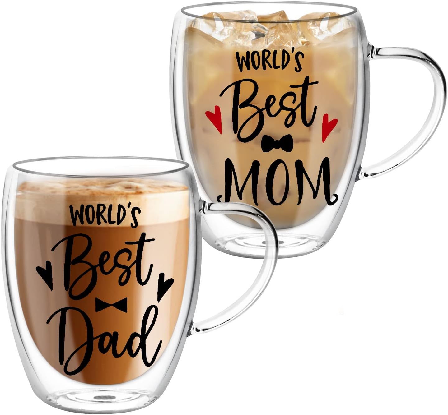 Top-spring 2 Pack Double Walled Coffee Cups for Mom and Dad - 350ml Glass Mugs Set, Glass Tea Cups Gift for Parents, Insulated Latte Glasses with Handles, Heat Resistant Coffee Cup Mum Gifts