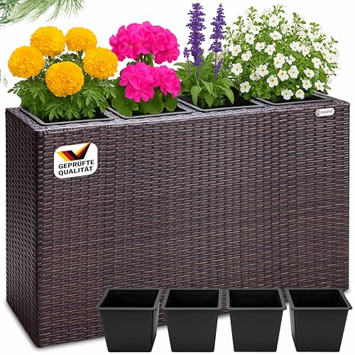 Casaria® Bac à Fleurs en Polyrotin - Jardinière 4 Pots Amovibles, Balconnière Vertical Plantes intérieur extérieur pour Jardin, Balcon, Terrasse - Brun...