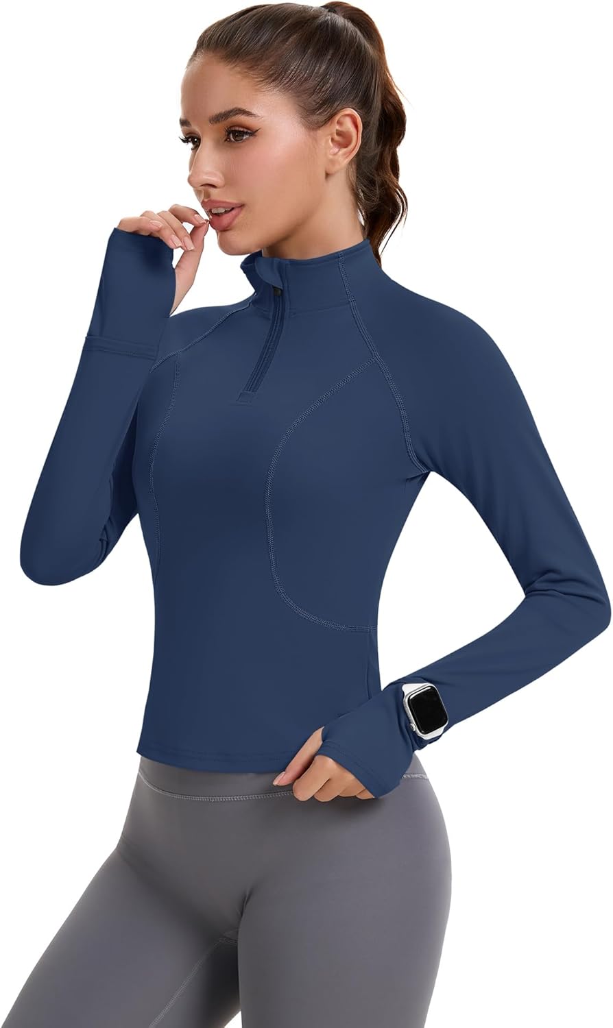 Avoogue Womens Long Sleeve Workout Tops Quick Dry Quarter Zip Pullover Crop Slim Fit Althletic Golf Shirts with Thumb Holes - Image 2