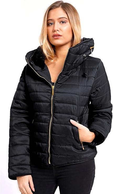 black puffer jacket gold zip