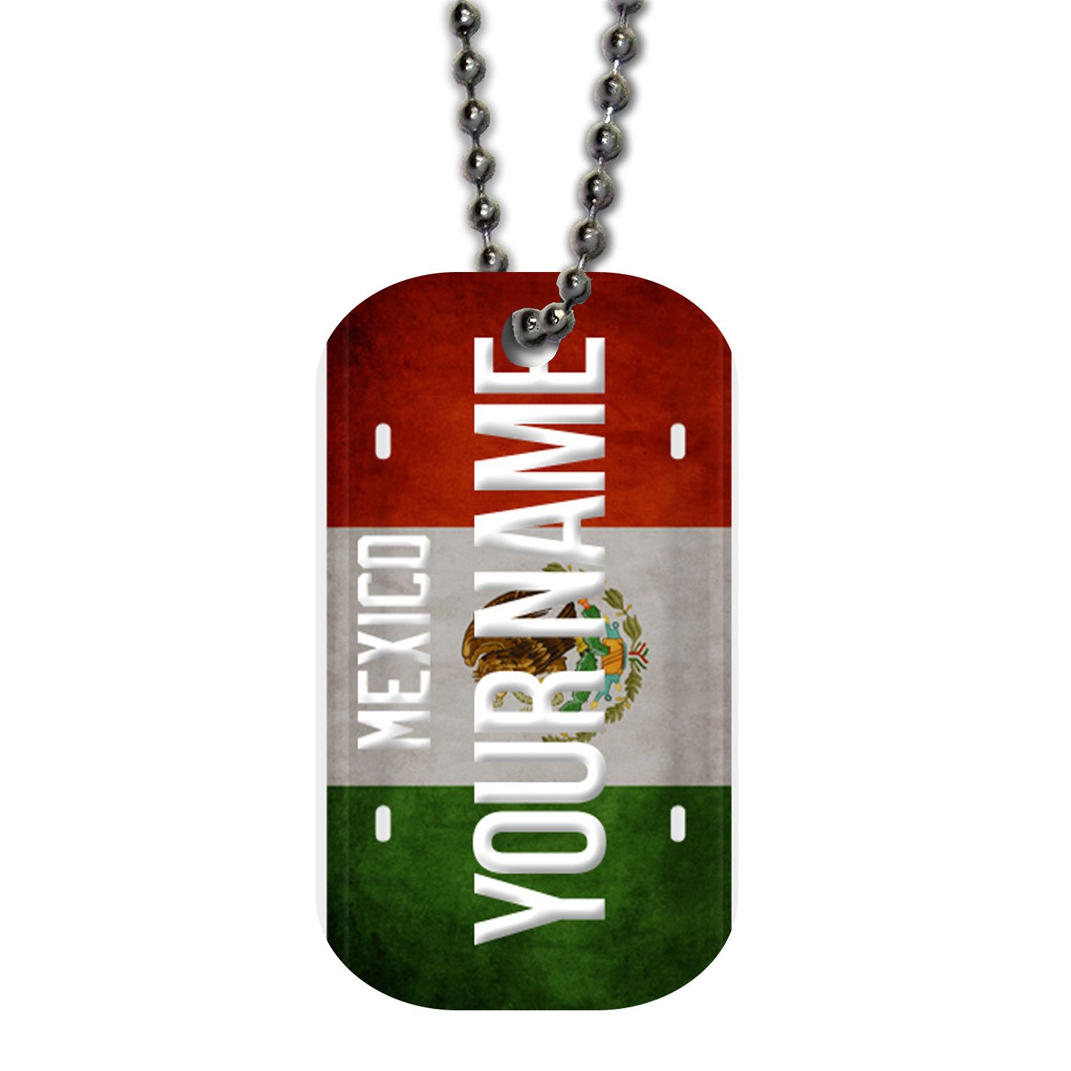 BleuReign(TM) Personalized Custom Name License Plate Mexico Country Single Sided Metal Military ID Dog Tag with Beaded Chain