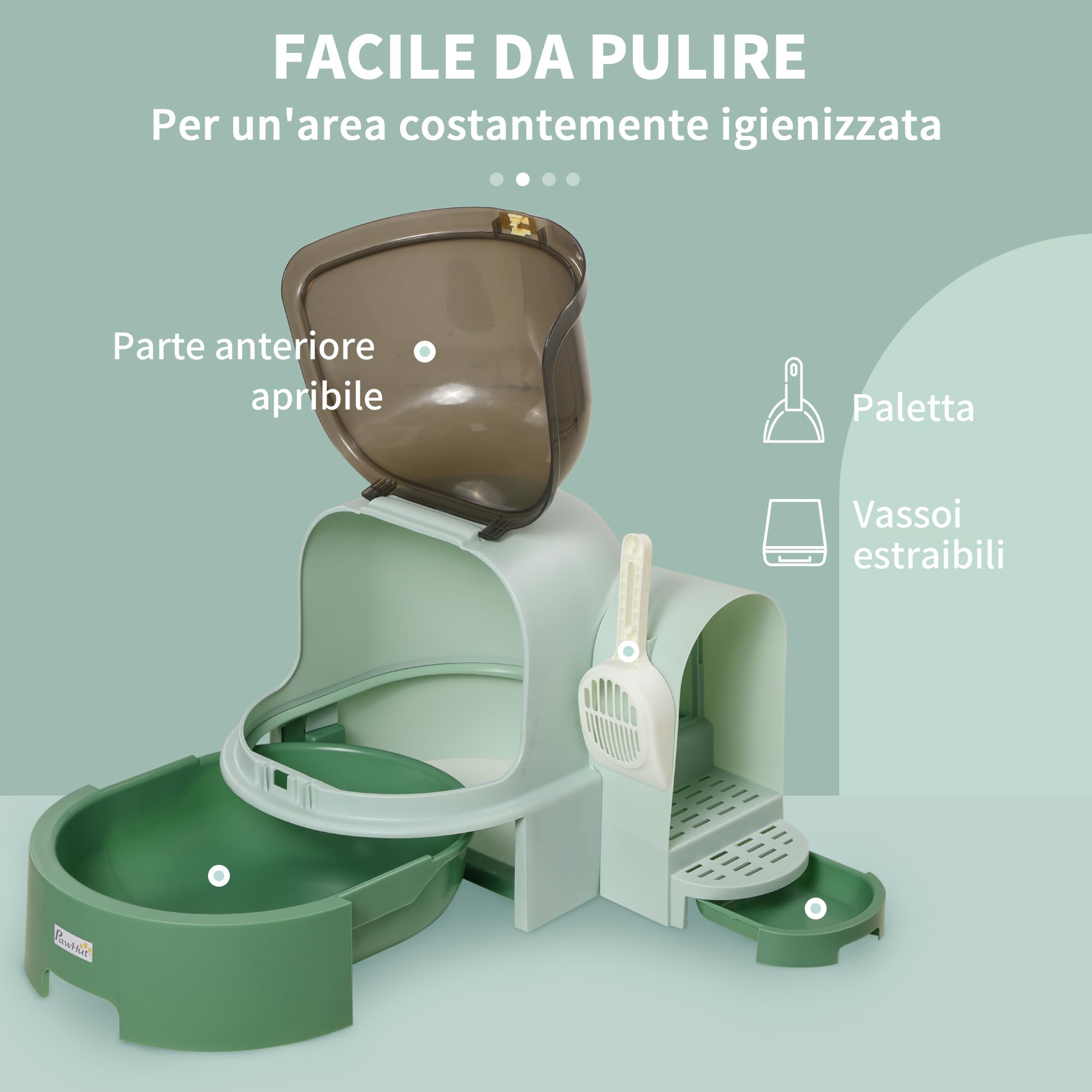 PawHut Lettiera per Gatto Chiusa con Coperchio 52x60x42cm Verde | Vassoio Estraibile, Copertura Apribile, Paletta Inclusa