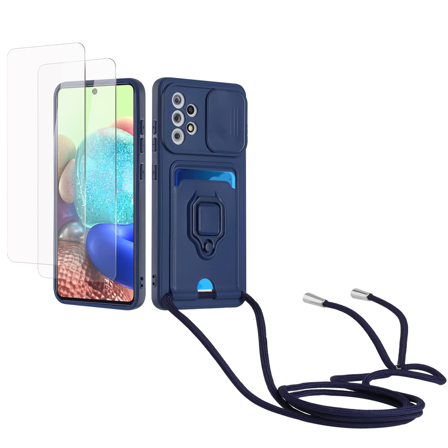 Kaslly Funda con Cuerda para Samsung Galaxy A35+[2 Pack Protector Pantalla],Case con Ranura para Tarjetas,Cubierta de Cámara Deslizante Proteger,Doble Cara Protección-Negro — view 72