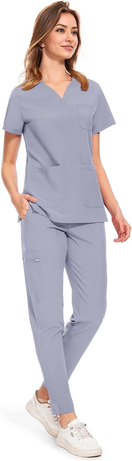 COZYFIT Medical Scrubs for Women Set - Curved V-Neck Scrub Top & Jogger Pants with 8 Pockets - Image 3