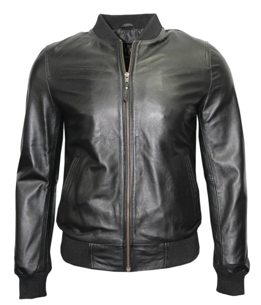 Infinity Men's Black Retro Nappa Leather Bomber Slim Fit Casual Varsity Jacket M