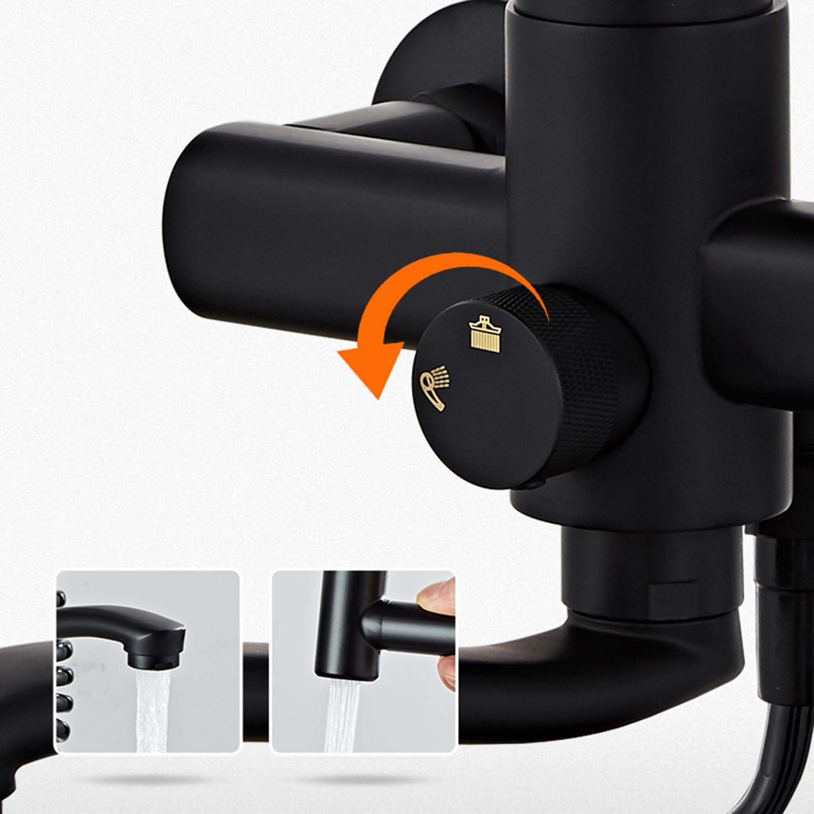 Czarny ścienny kran kuchenny z obrotowym pistoletem natryskowym o 360° podwójna funkcja ciepła i zimna woda 20 cm długość wylewki nowoczesny design dla łatwego użytkowania